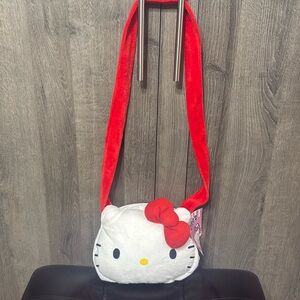 New Hello Kitty In Red Bow & Matching Strap Zipper Plush Purse With Tag